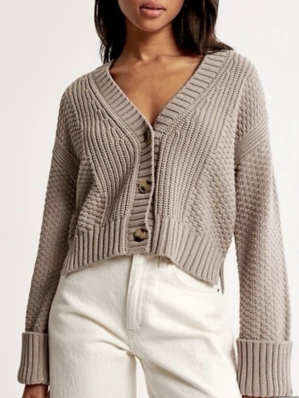 Abercrombie & Fitch Taupe Cropped V-Neck Button Cardigan